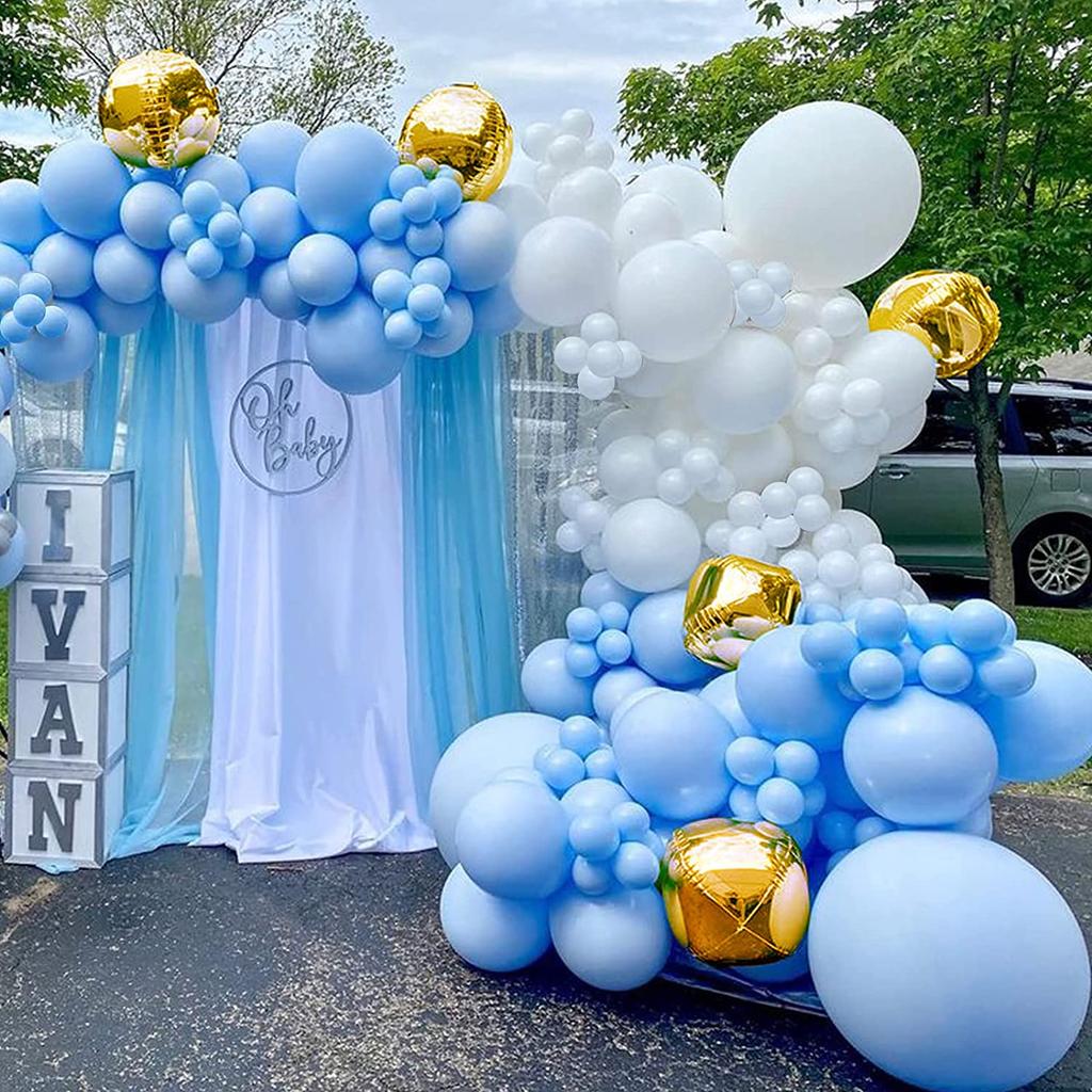 Bruiloft Verjaardag Babyborrel Geslachtsonthulling Decoraties Stofblauw Wit Ballonnenboog Slingerset