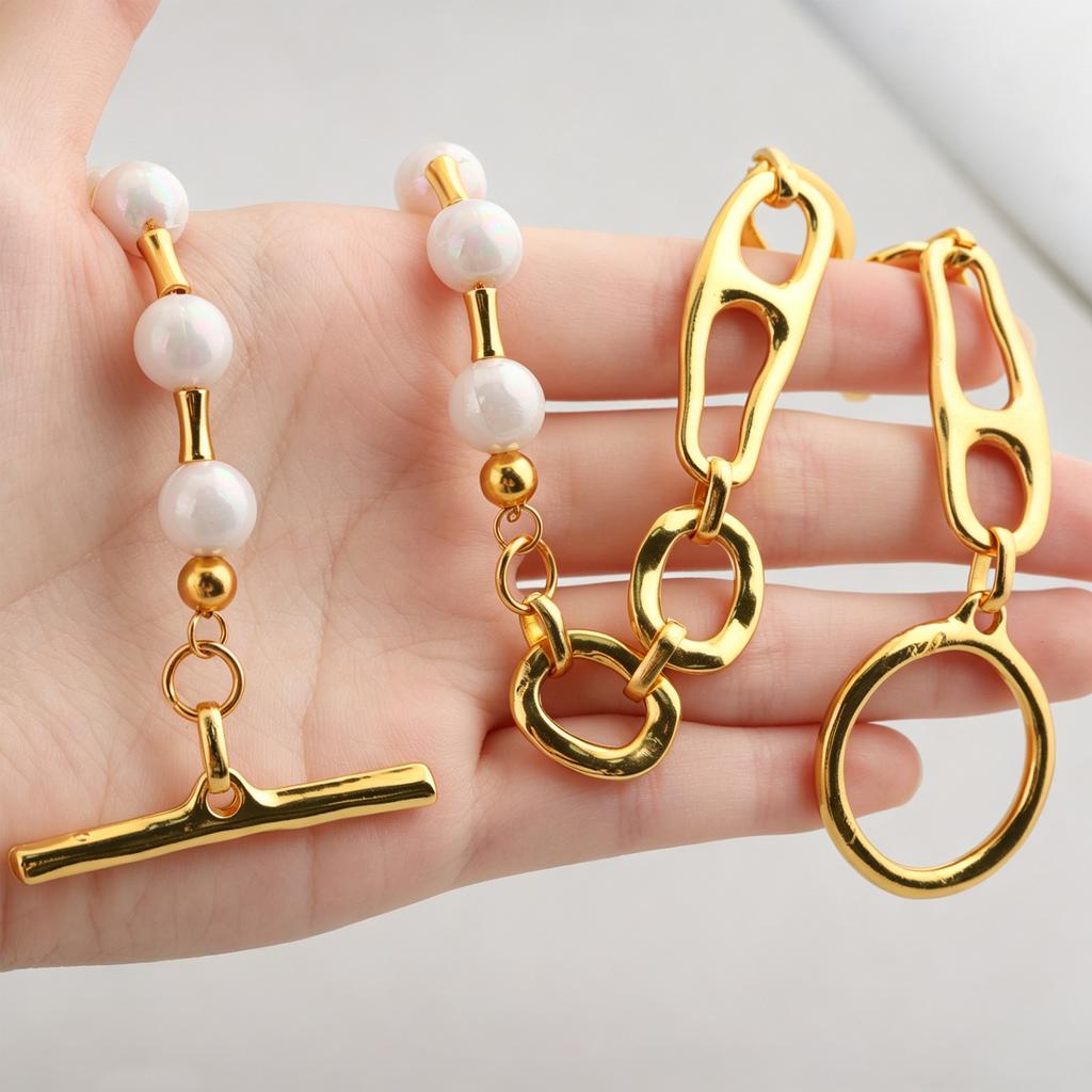 Fashion Asymmetric Pearl Gold Necklace Geometric Link Chain with OT Clasp Ins Aesthetic Streetwear Party Jewelry for Women