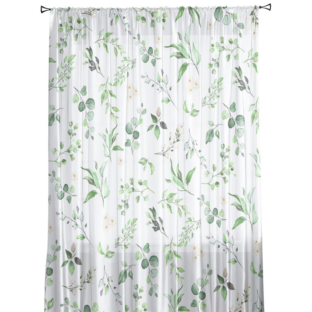 Tüllvorhang mit Aquarellblumen und Blättern, grün, Voile, transparenter Tüll für Schlafzimmer, Wohnzimmer, Küche, durchsichtige Fenstervorhänge