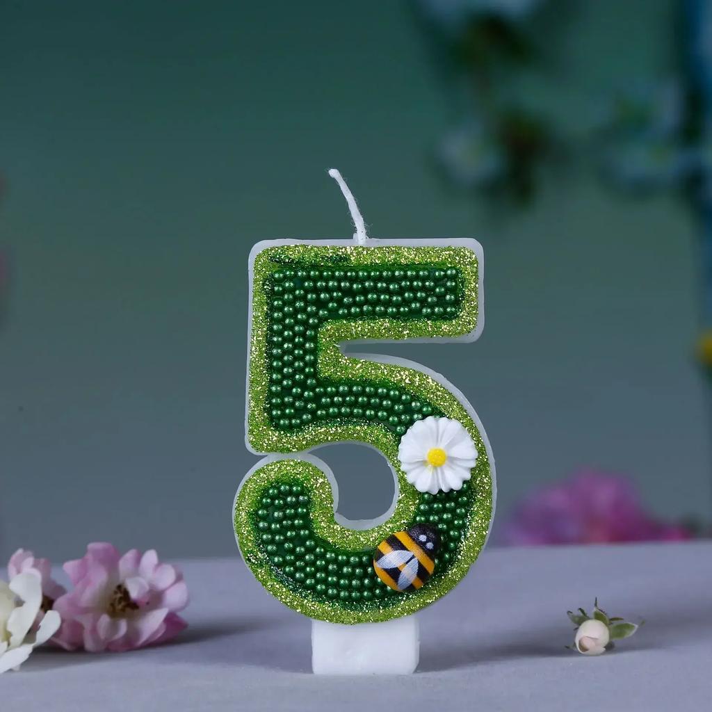 Green Bee Flower Number 0123456789 Birthday Candles Cake Toppers Birthday Wedding Cakes Dessert Decor Cake Decor Party Boy Girl