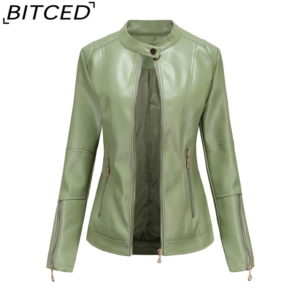 BITCED Fashion Women's PU Leather Short Jacket with Stand Collar Lightweight Spring/Autumn Leather Jacket