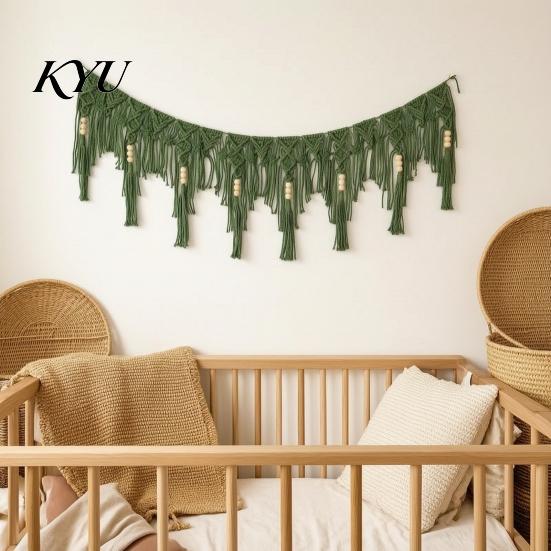 Small Window Treatment Boho Garland Wall Hanging with Wooden Beads, Hand Woven Cotton Tassel Banner, Handmade Tapestry Nordic Tapestry, Bohemian Decor