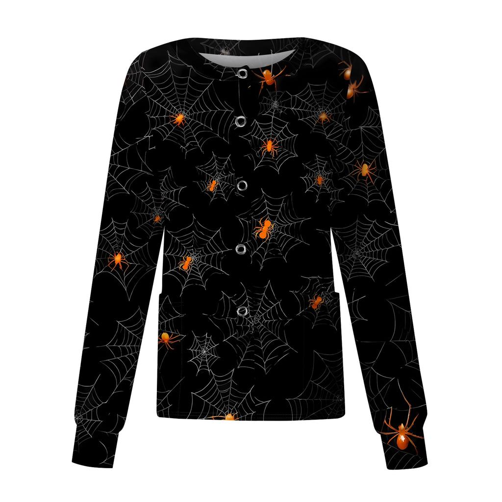 Womens Long Sleeve Button Front Cardigan Halloween Print Spider Web Pattern Lightweight Knit Top for Casual Wear and Work Uniform