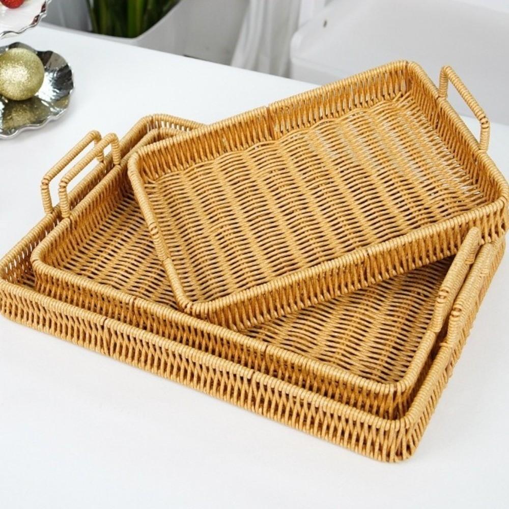 Handwoven Wicker Serving Tray Woven Handheld Plastic Rattan Storage Tray  Kitchen Storage