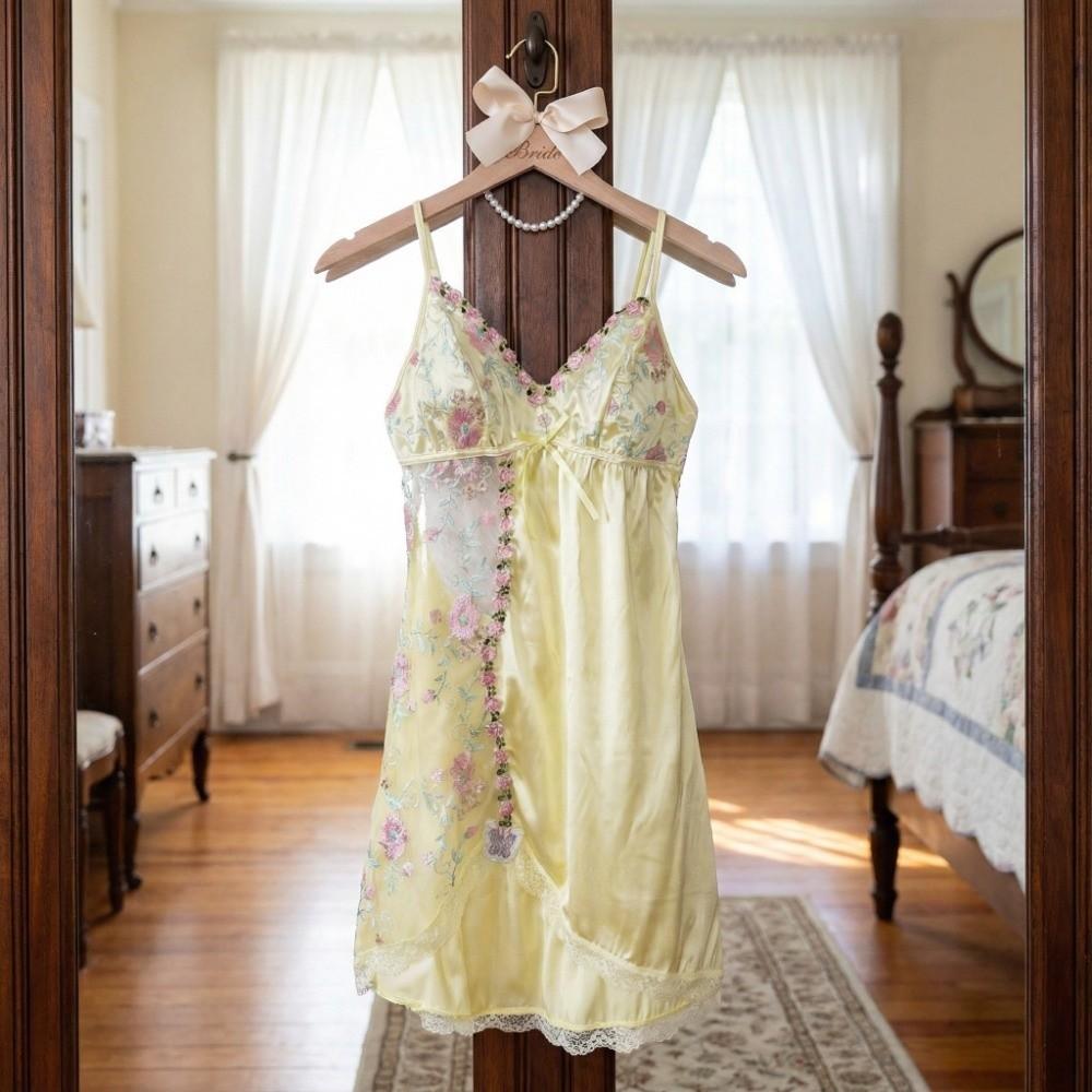 Embroidered Women's Pajama Dress Thin Lace Bow Slim Sling Nightgown Party Club