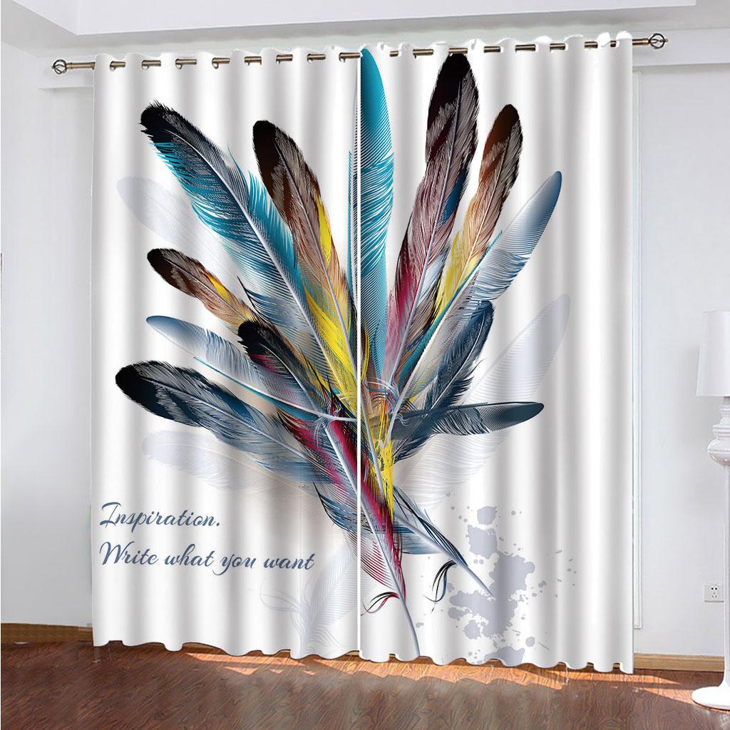 Curtain For Kids Room 3D Feather Print Bedroom Curtains Set, Curtains For Living Room Window Treatment Drapes 2 Pieces