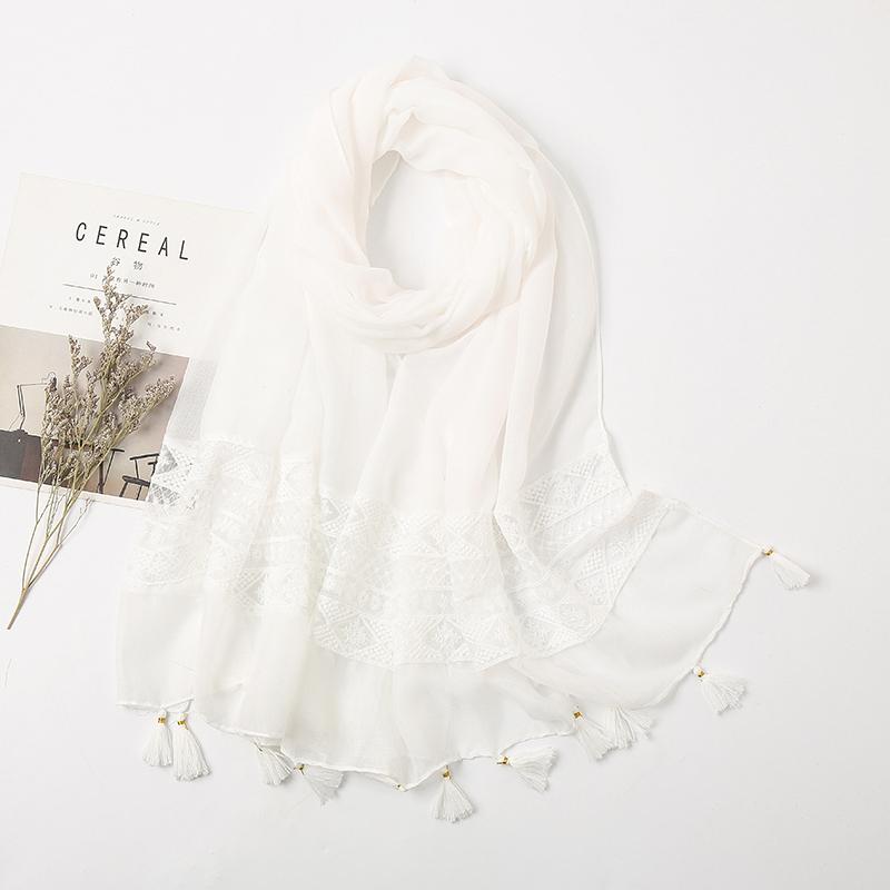 Elegant Lace Cotton Scarf With Tassel Shawl For Women Fashion Geometry Design Muslim Hijab Big Size Scarves 210*70Cm