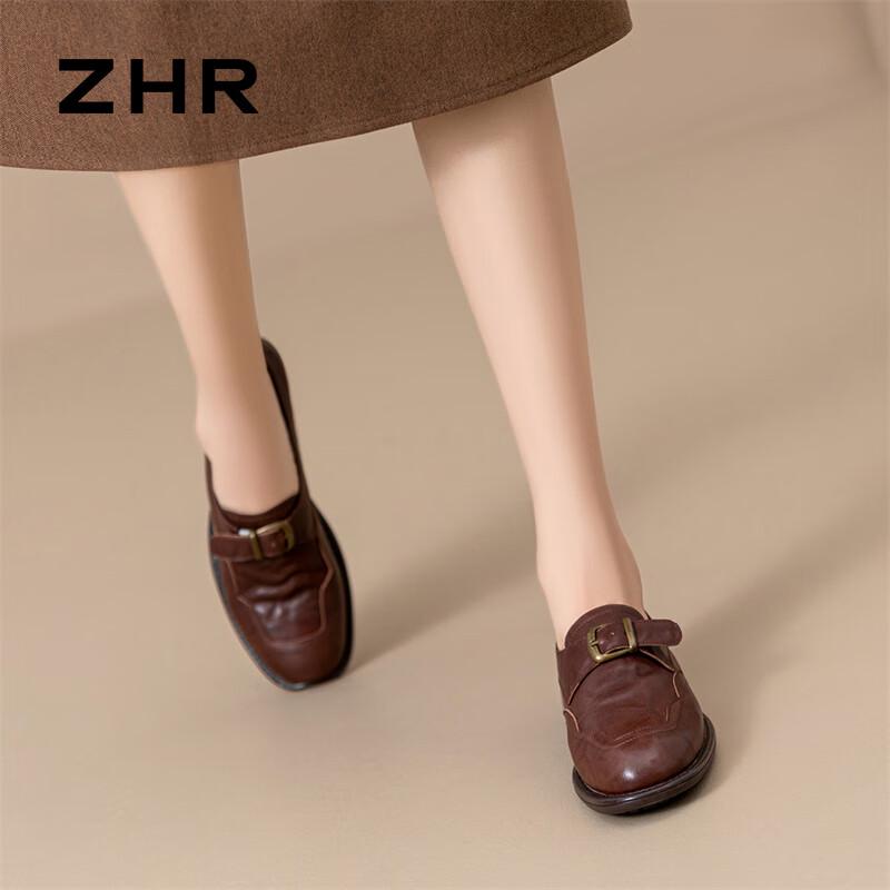 ZHR Women s Retro Chunky Heel Leather Loafers S503 36