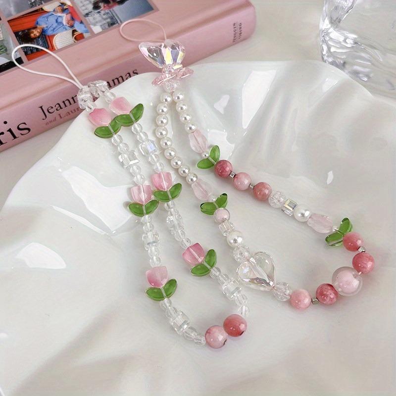 Peach Beaded Mobile Phone Charm Strap Chain, Women Sweet Girls Jewelry, Pearl Cellphone Flower Lanyard for iPhone Keychain