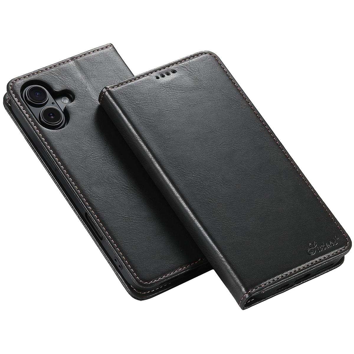 

SUTENI J02 Series for iPhone 16 Case Waxy Texture Leather Phone Cover with Magnetic Closure Black