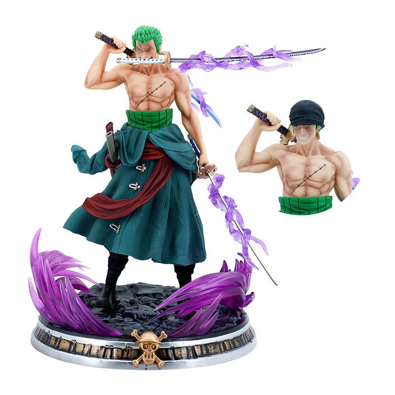 One Piece Zoro GK Statue: Doppelkopf, Austauschbares Drei-Schwerter-Stil Anime-Modell.