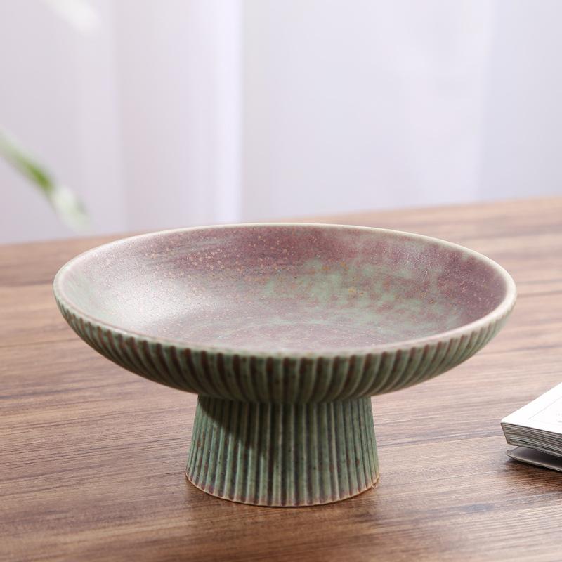 Chinese Retro Glazed Ceramic Plate High Foot Fruit Dish Japanese Zen Tea Tray for Home