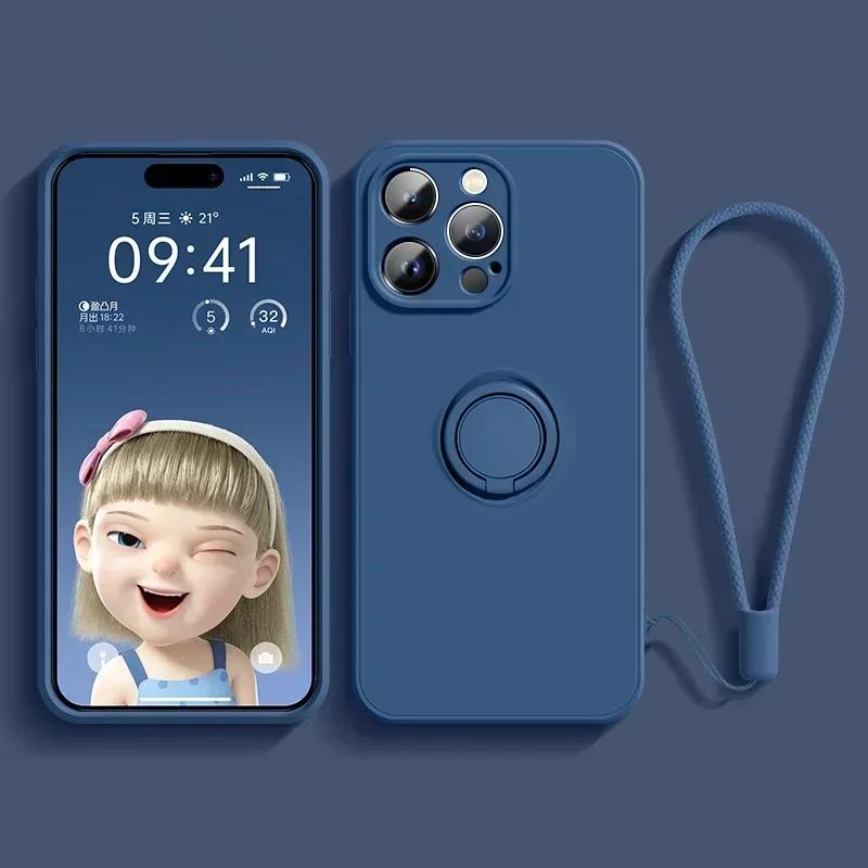 

Liquid Silicone Case For iPhone 17 16 16e 15 13 Mini 14 12 11 Pro Max Plus Phone Holder Ring Stand Protect Cover Wrist Strap iPhone 13 mini