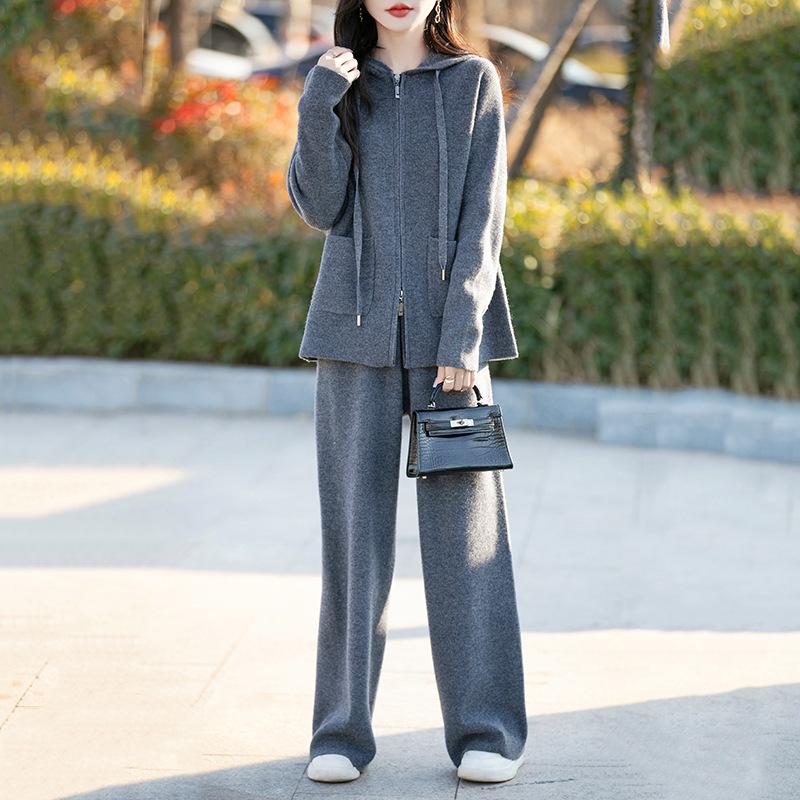 Women's Casual Wool Cardigan & High-Waisted Wide-Leg Knit Pants Set