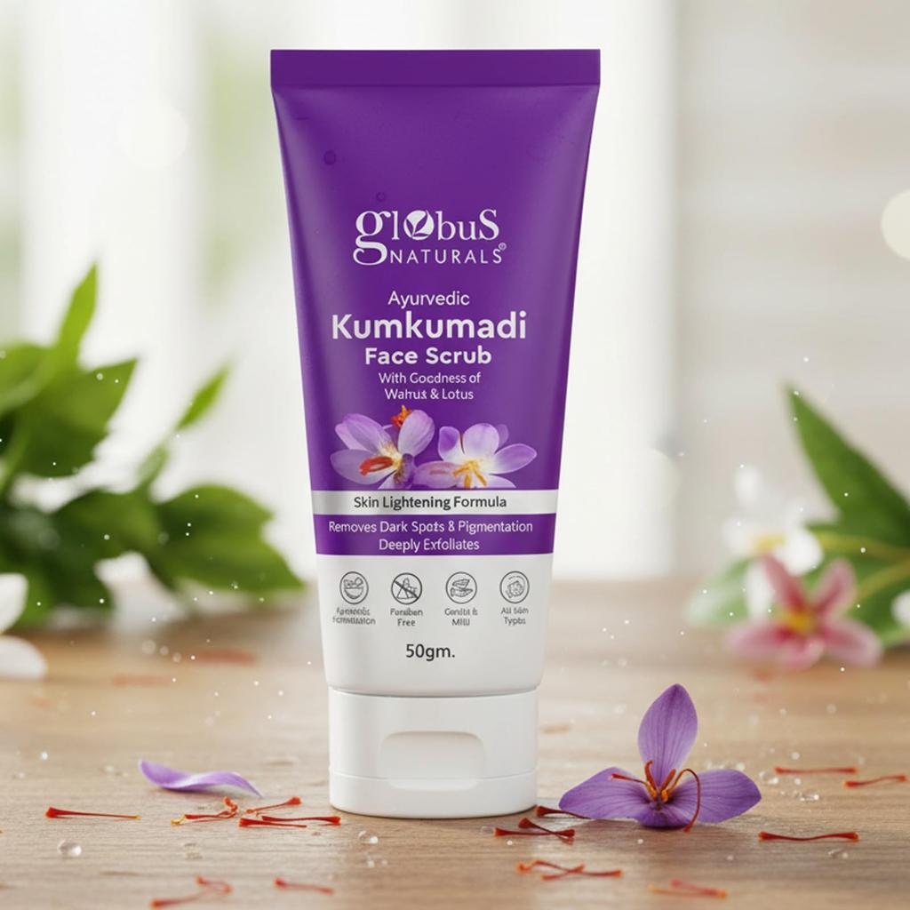 Globus Naturals Ayurvedic Kumkumadi Skin Lightening Face Scrub, Enriched with Walnut & Lotus Extract, Chemical Free, Cruelty Free, Suitable For All