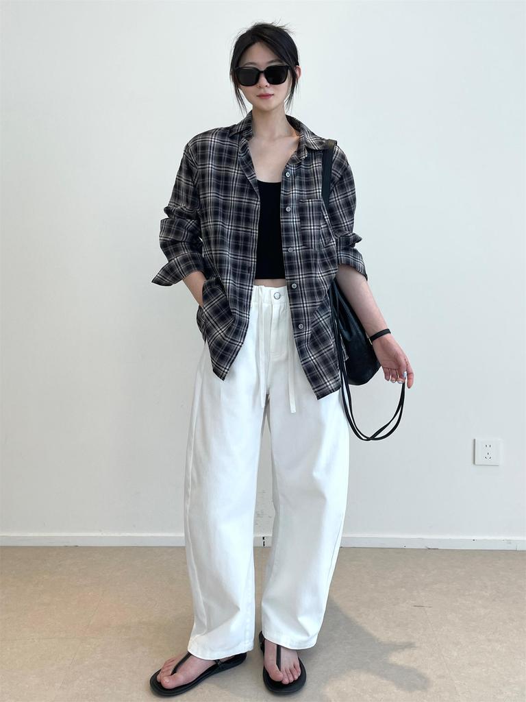 Nan Yu 100% Bavlněná Kostkovaná Volná Dámská Košile s Dlouhým Rukávem pro Ochranu před Sluncem - Kolekce Podzim 2025