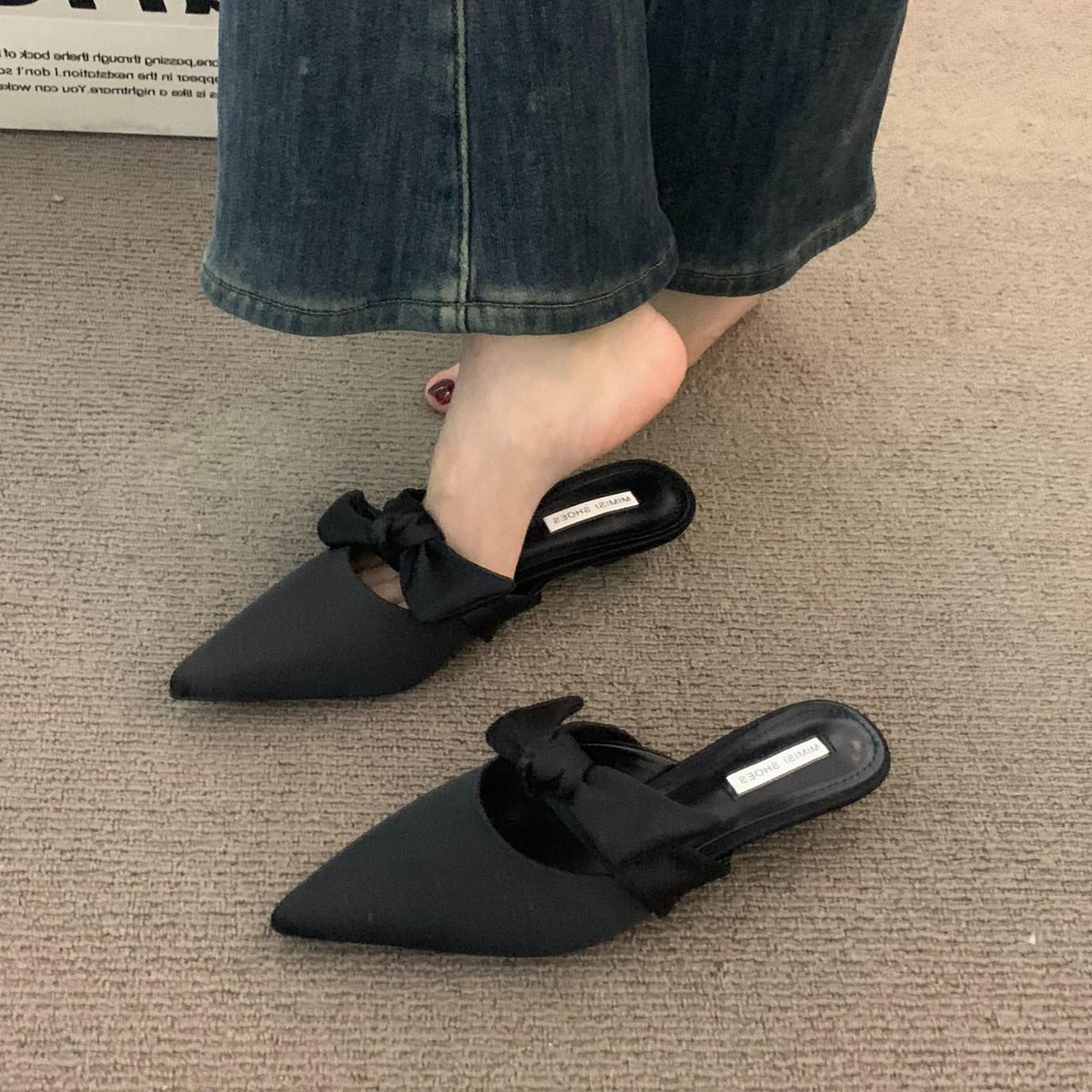 

Туфли-лодочки на тонком каблуке с бантом, полусабо, туфли феи, весна-лето 2025, атласные, французский пурпурный, полусабо, одинарные туфли 39