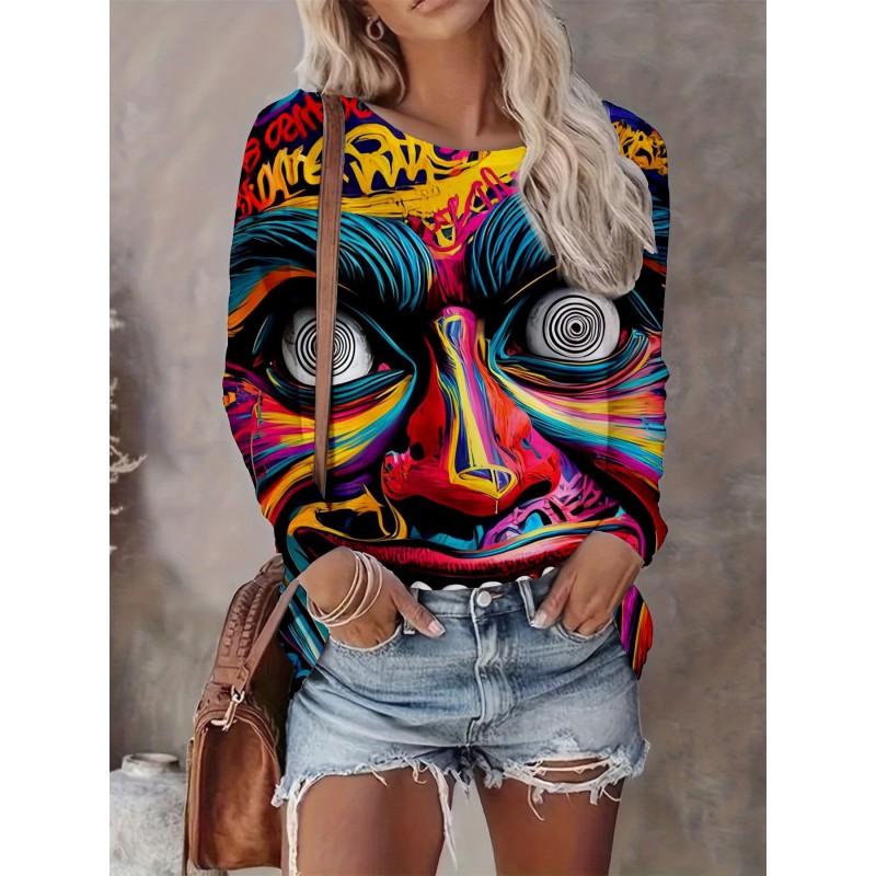 Abstract Tie-Dye 3D Digital Print Loose Fit Womens Crew Neck Long Sleeve T-Shirt Casual Comfort Top