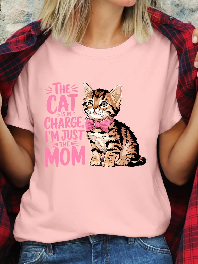 The CAT IS IN CHARGE IM JUST THE MOM Womens Short Sleeve Tshirts Cartoon Kitten Print T Shirts Fashion Cat Mama Tops Gifts
