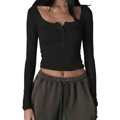 Kadın Örgü Henley Gömlek Günlük Düz Renk Retro 1/2 Düğmeli Uzun Kollu Crop Top Sokak Giyim Kulüp Giyim