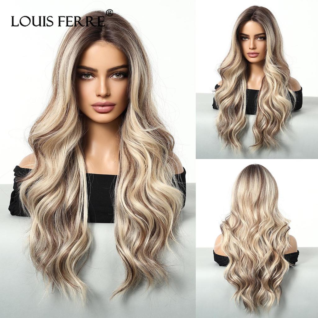 LOUIS FERRE Lange, gewellte Lace-Front-Perücken, blond-weiße Perücke für schwarze und weiße Frauen, Alltags- und Partyhaar, synthetisch, hitzebeständig