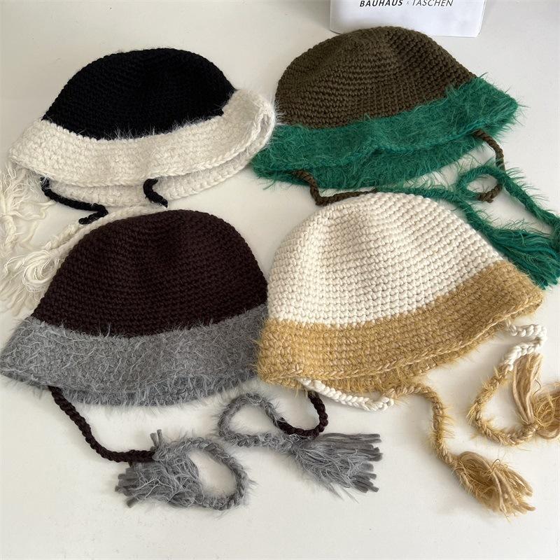 Winter women's color matching straps cute travel warm knitted hat imitation rabbit fur fashion wool hat