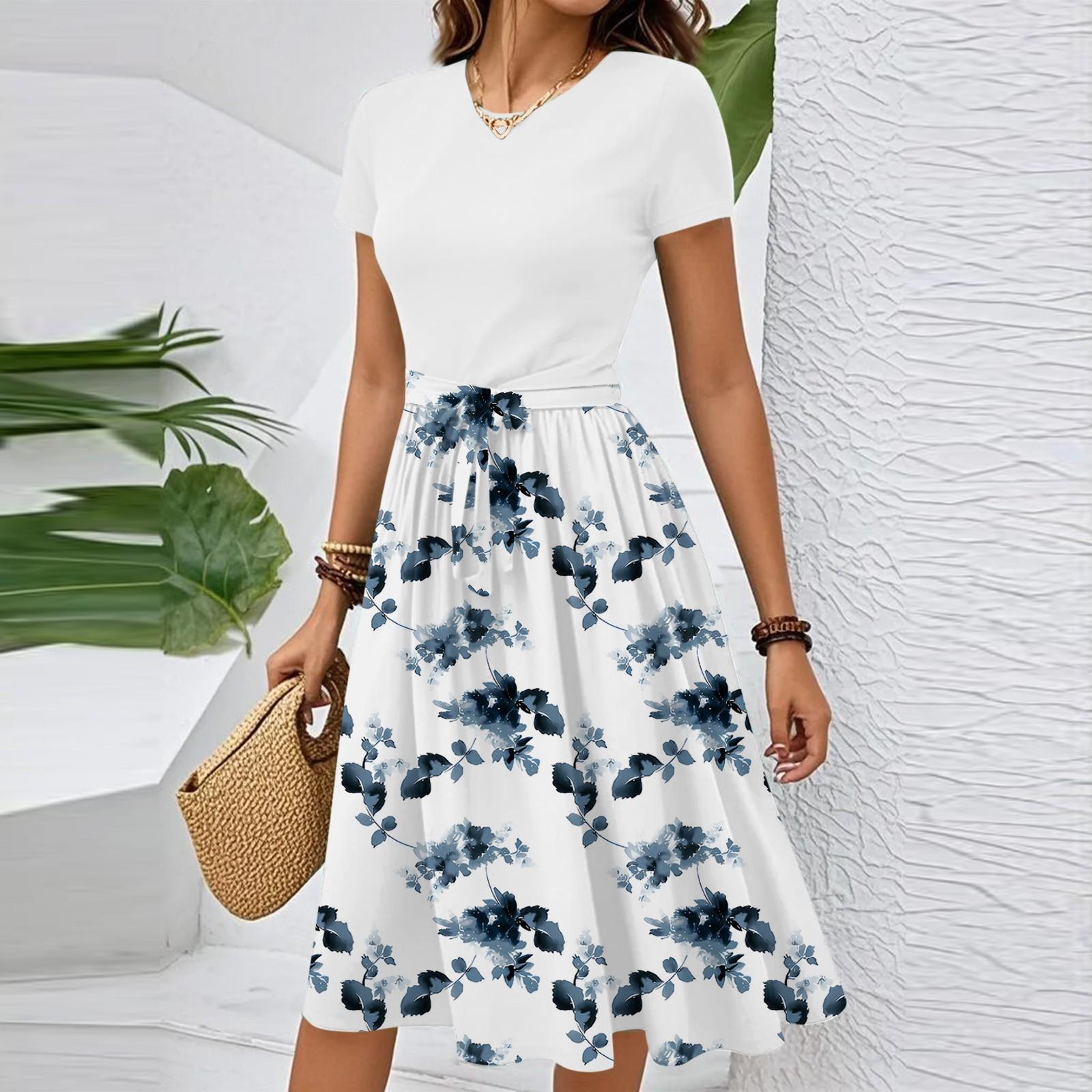 

Женское повседневное модное элегантное платье с поясом и цветочным принтом, коротким рукавом и круглым вырезом L белый