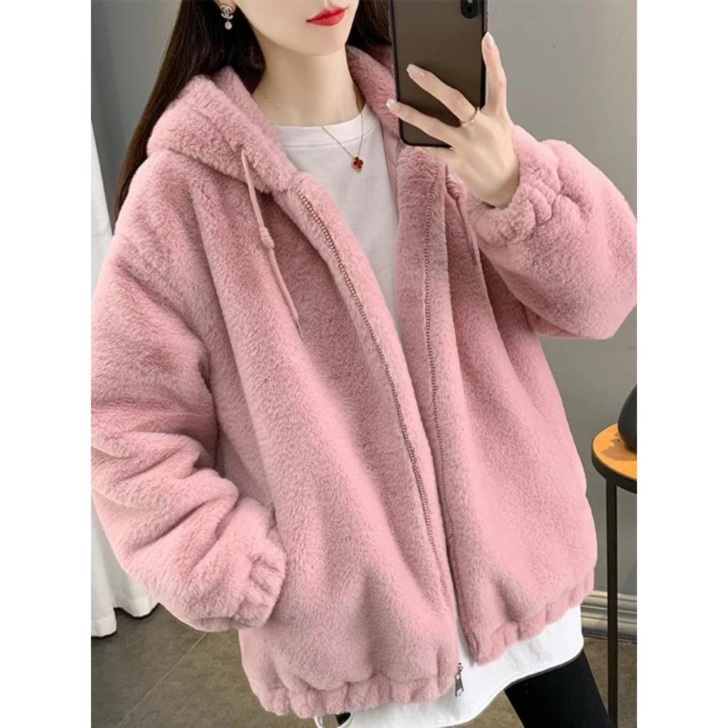 Women's Hooded Long Sleeve Faux Rabbit Fur Coat Loose Casual Mid Length Winter Outerwear