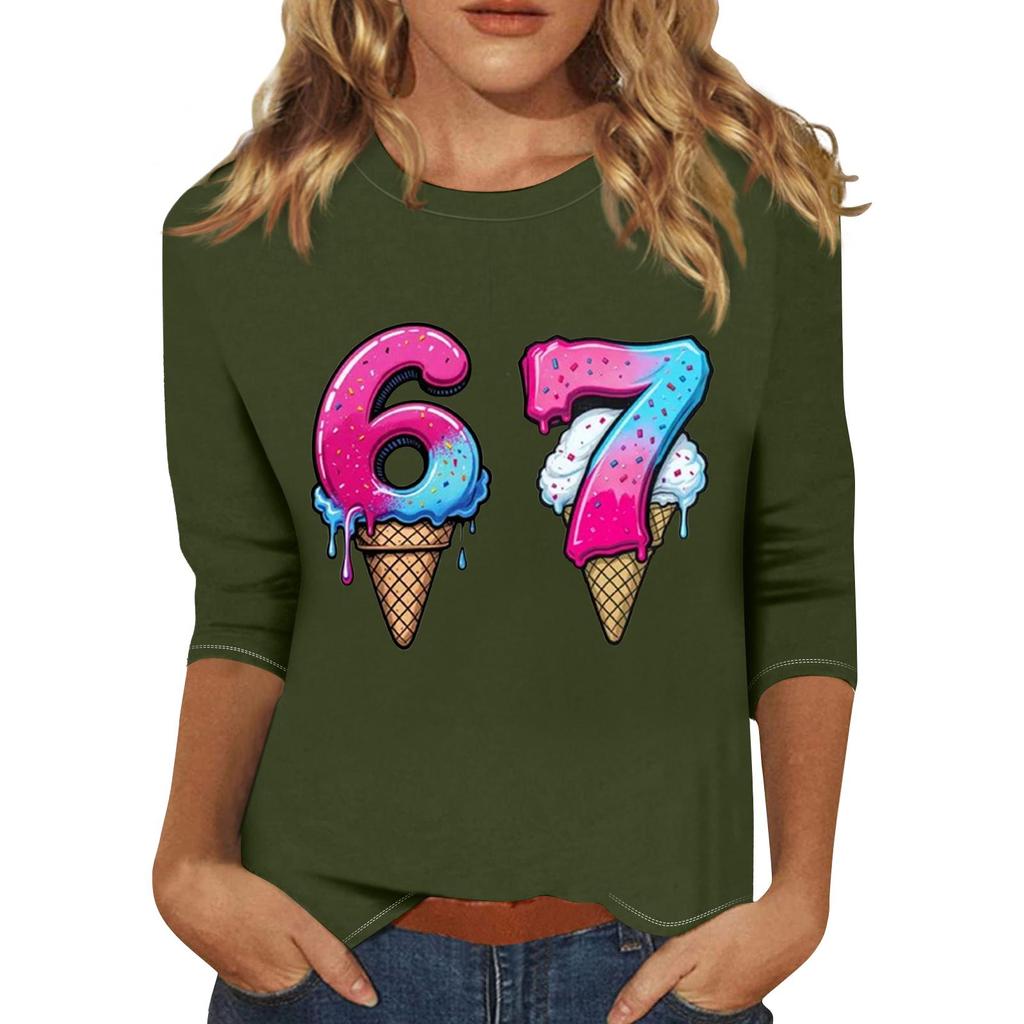 Women's Fashionable Casual Three-Quarter Sleeve Printed Neck T-Shirt Top