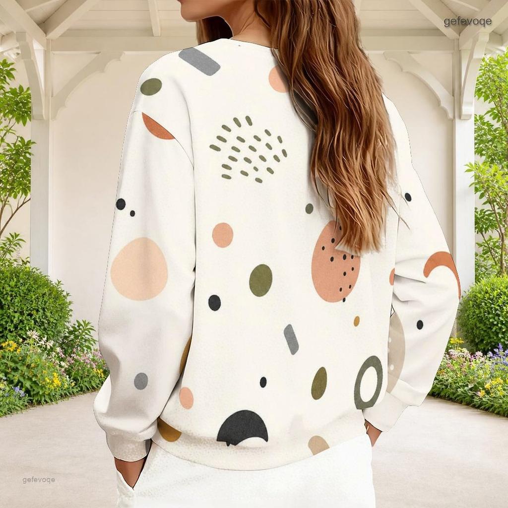 Women Plus Size Beige Brown Geometric Printed V Neck Half Zip Long Sleeve Sweatshirt