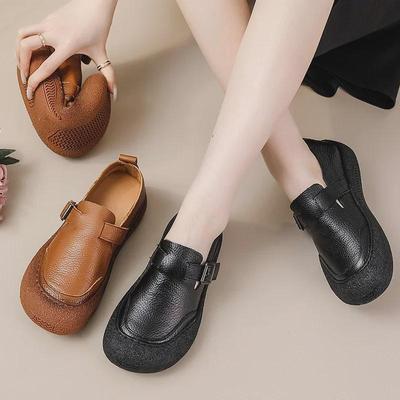 Autumn Retro Genuine Leather Soft Sole Shoes for Wide Feet Women