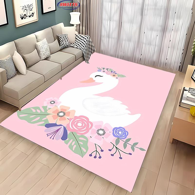 3D Printing Cute Swan Large Area Carpet for Living Room Cartoon Children's Bedroom Sofa Doormat Kitchen Floor Rug Anti-slip Mat