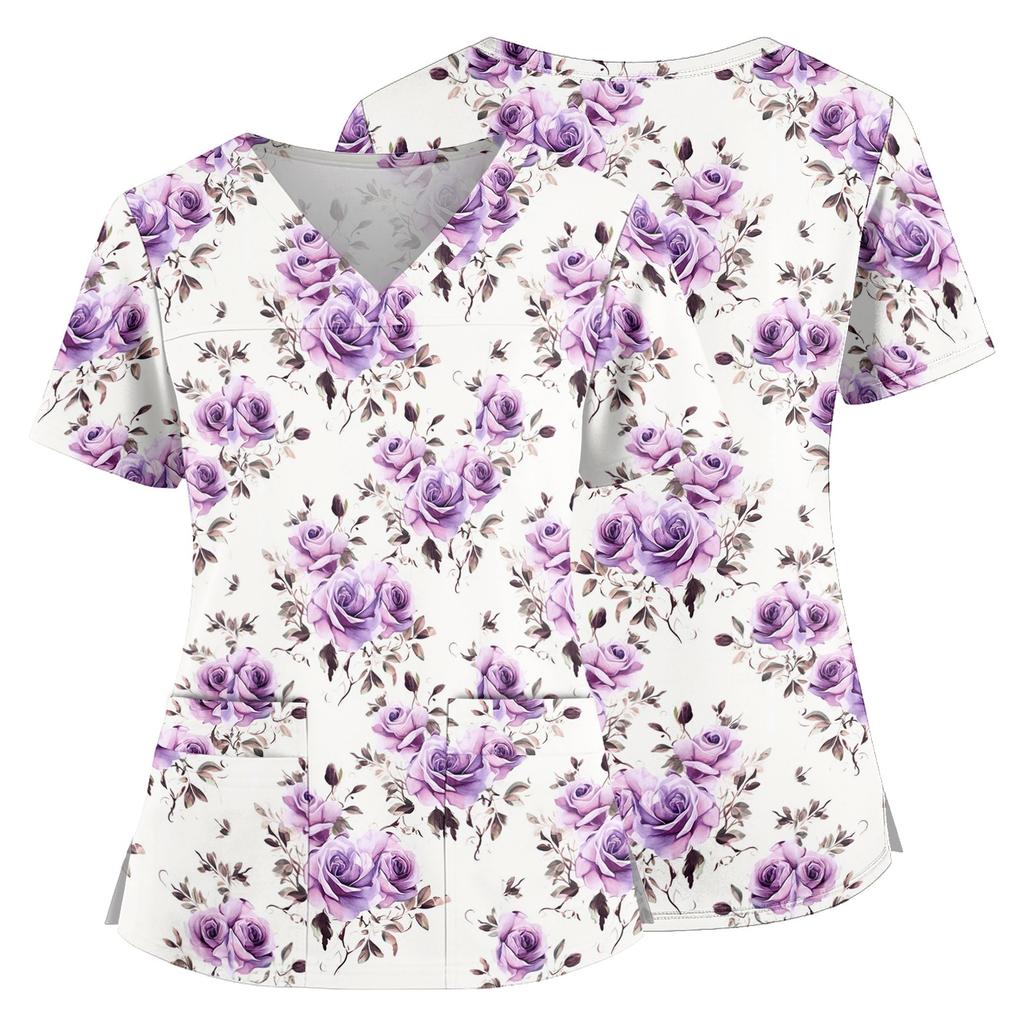 Women Floral Print V Neck Scrub Top with Pockets Side Slits Short Sleeve Medical Uniform Shirt for Healthcare Professionals