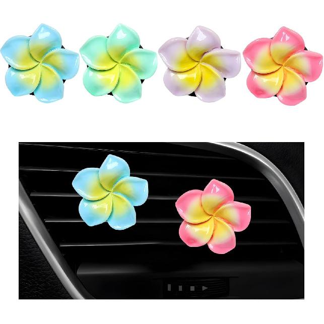 Wevdn 4PCS Flower Car Air Vent Clips, Colorful Tropical Flower Air Freshener Vent Clips with Aromatic Pad, Air Conditioning Outlet Clip Plumeria