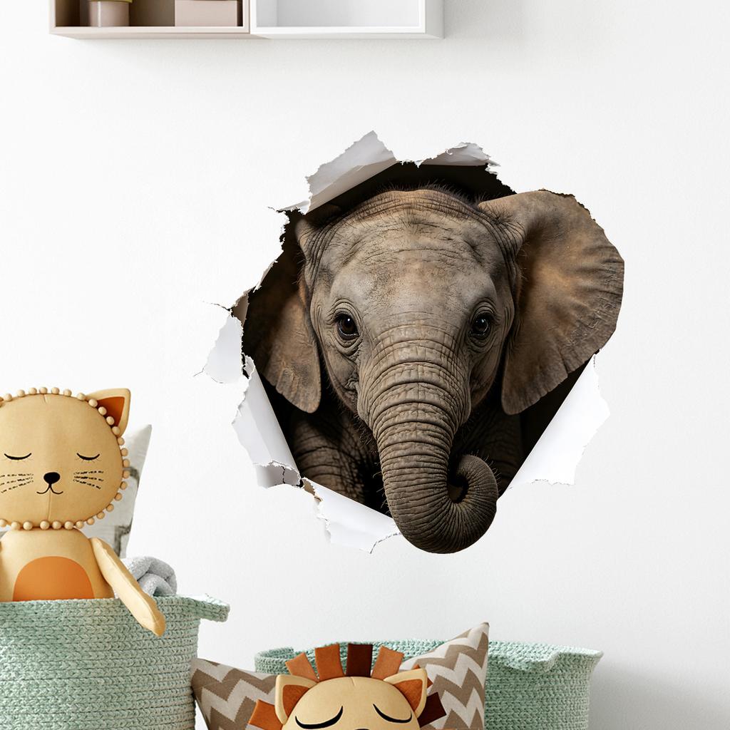 Realistic Torn Paper Hole Elephant Self Adhesive Wall Sticker No Residue for Bedroom Living Room Wall Decor