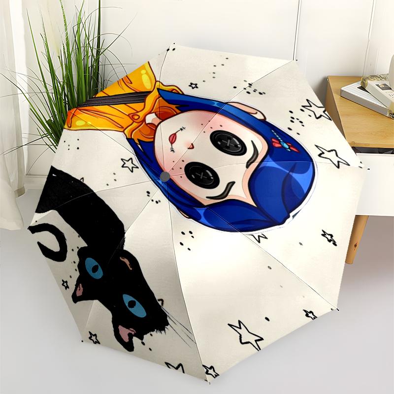 Coraline Print Automatic Umbrella, 8 Rib Iron Frame, Plastic Handle, Suitable for Outdoor Travel &Daily , Ideal Gift