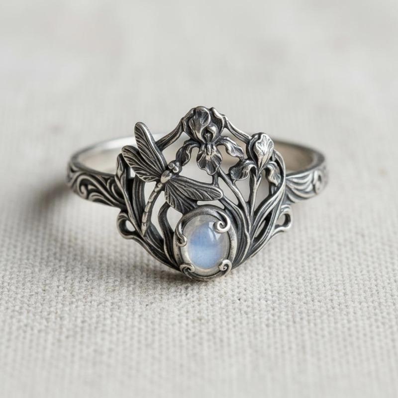 New Inlaid Opal Ring, Ancient Silver Dragonfly Shape, Retro Jewelry, Daily Accessories.