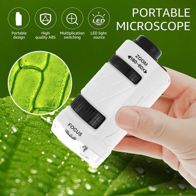 Microscope de poche 60-180X Jouets scientifiques pour enfants Microscope portable Étudiants Laboratoire Extérieur Observation Biologique Étendue Avec Lumière LED