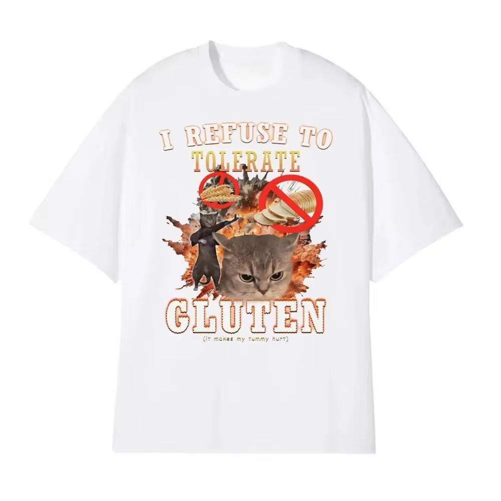 

2026 Funny I Refuse To Tolerate Gluten Cat Meme Print T Shirts Women Clothing Fashion Tshirt Casual Breathable Top Clothing 4XL