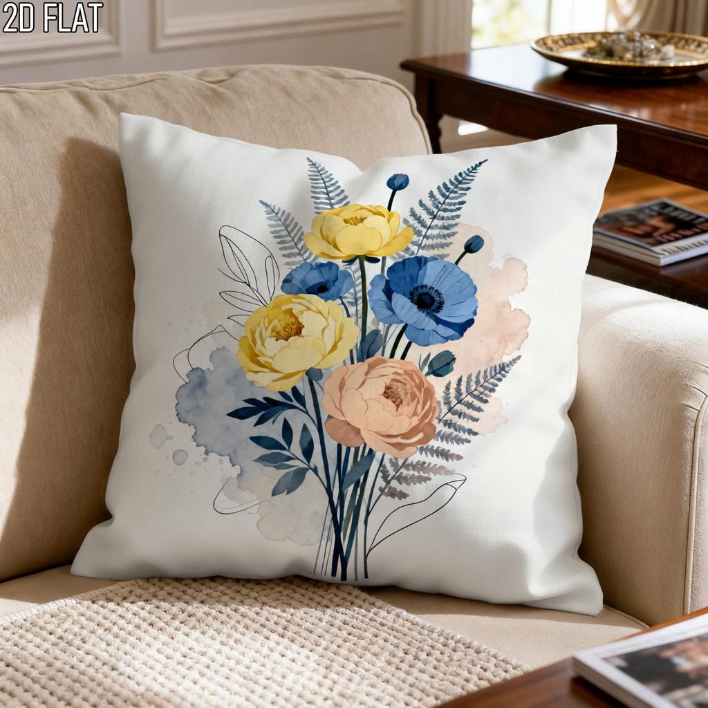 Watercolor Floral Bouquet Print Throw Pillow Cover, Blue Yellow Peach Flower Design, Decorative Cushion For Living Room Sofa