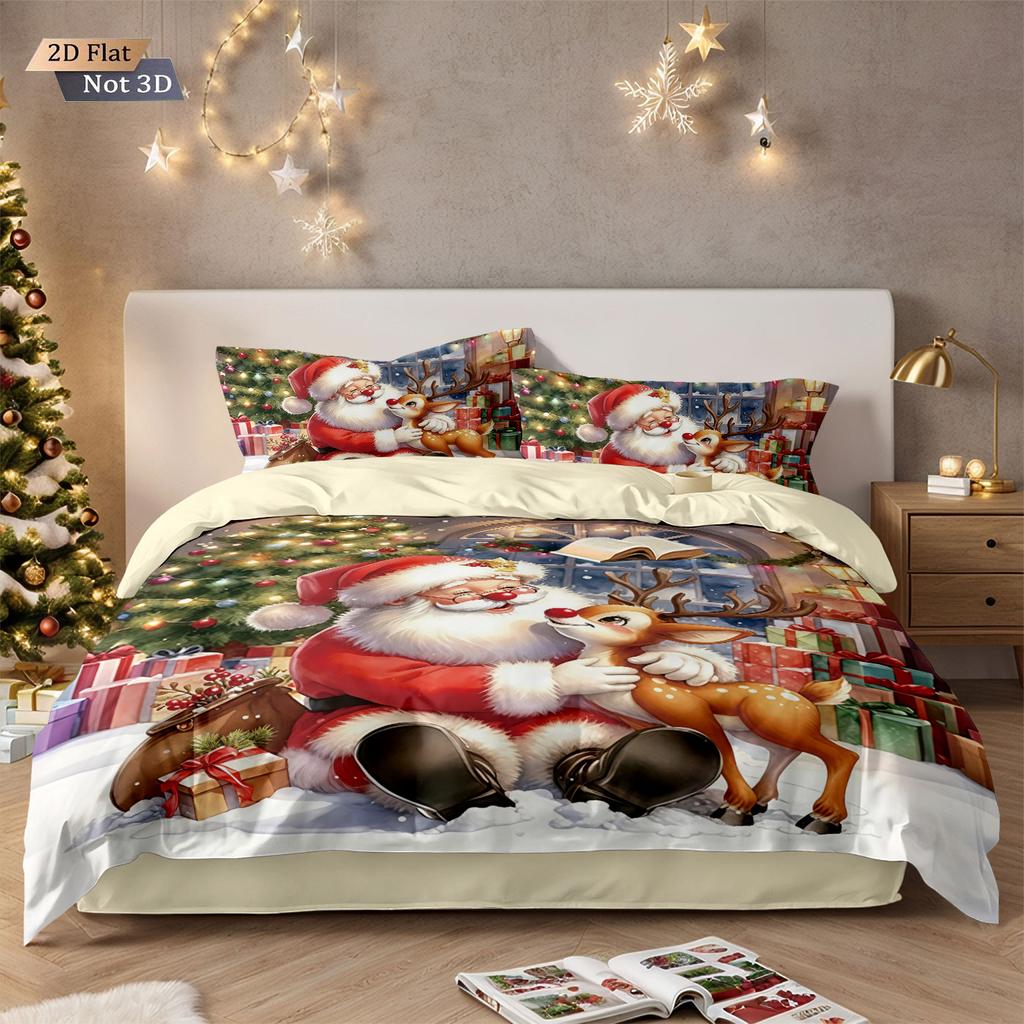 3pcs Cartoon Santa Claus Gift Printed Chipless Bedding Set Soft Dormitory Bedroom Multiple Sizes Machine Washable