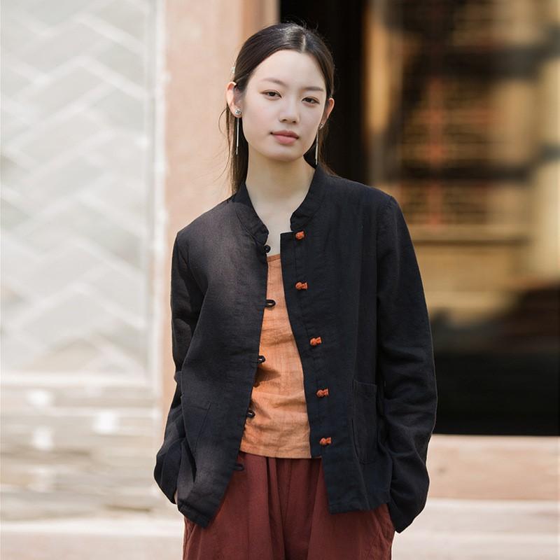 Johnature Dámské košile a topy v čínském stylu Stojáček Dlouhý rukáv Kapsy Halenky Podzimní jednobarevné košile