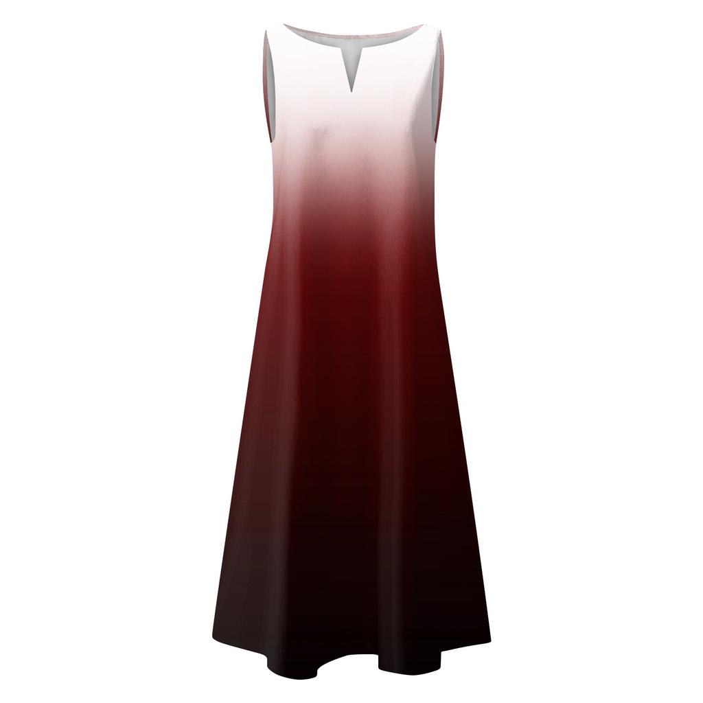 Fashion Women V-neck Gradient Printing Sleeveless Tunic Dresses Plus Size T-shirt Dress