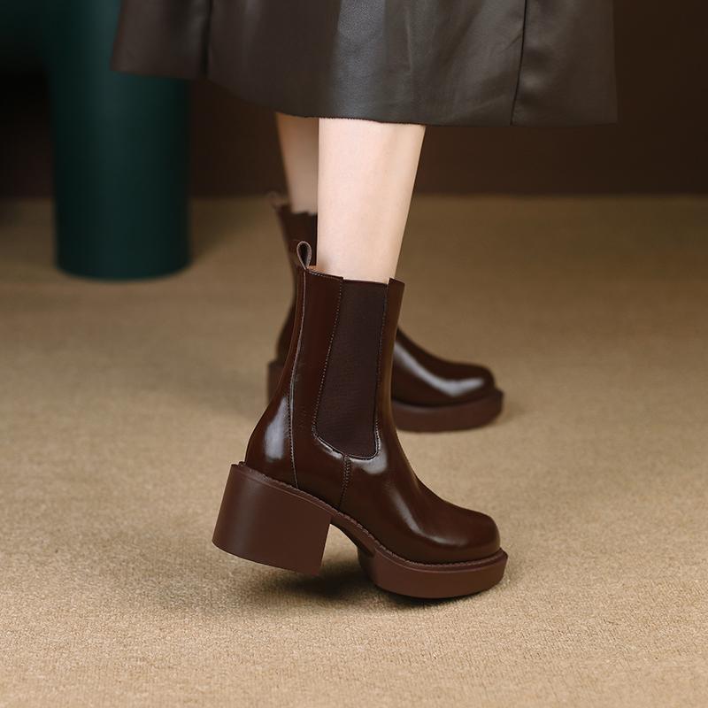 Qirui shoes Thick-soled Chelsea boots, leather inside and outside, simple and elegant