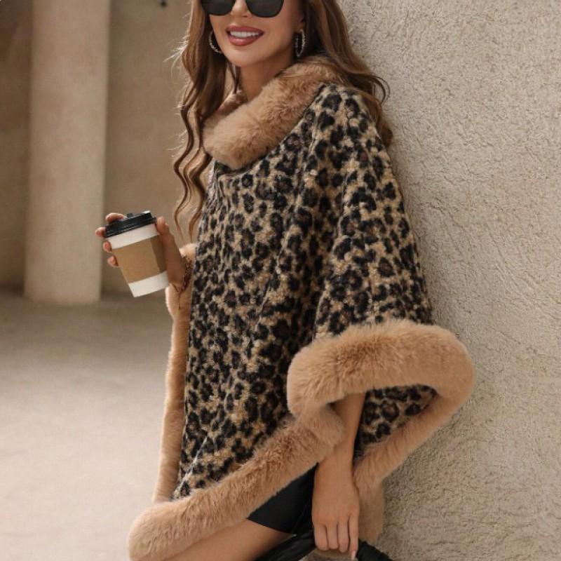Leopard Print Knit Shawl Cape Women Thick Faux Fur Trimmed Oversized Wrap Street Style Winter Outerwear