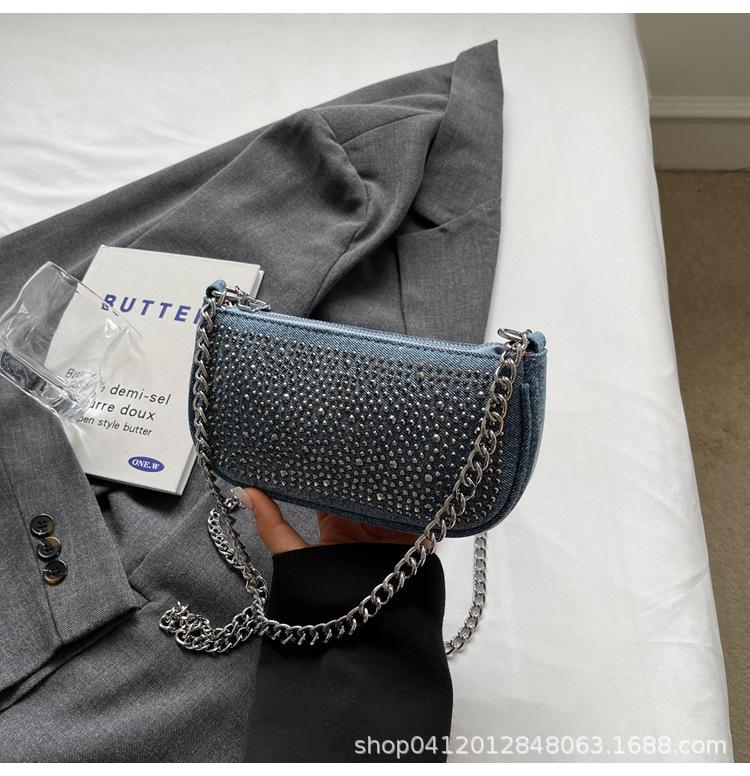 

Джинсовая маленькая сумка с яркими бриллиантами женская 2025 новая модная повседневная сумка-мессенджер нишевого дизайна для поездок на работу на плечо синий