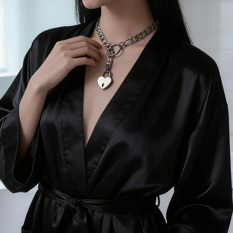 2er-Pack Edelstahl Herzschloss und Schlüssel Halskette Punk Rock Inspiriert Kubanische Lange Kette für Mode Layering Outfit