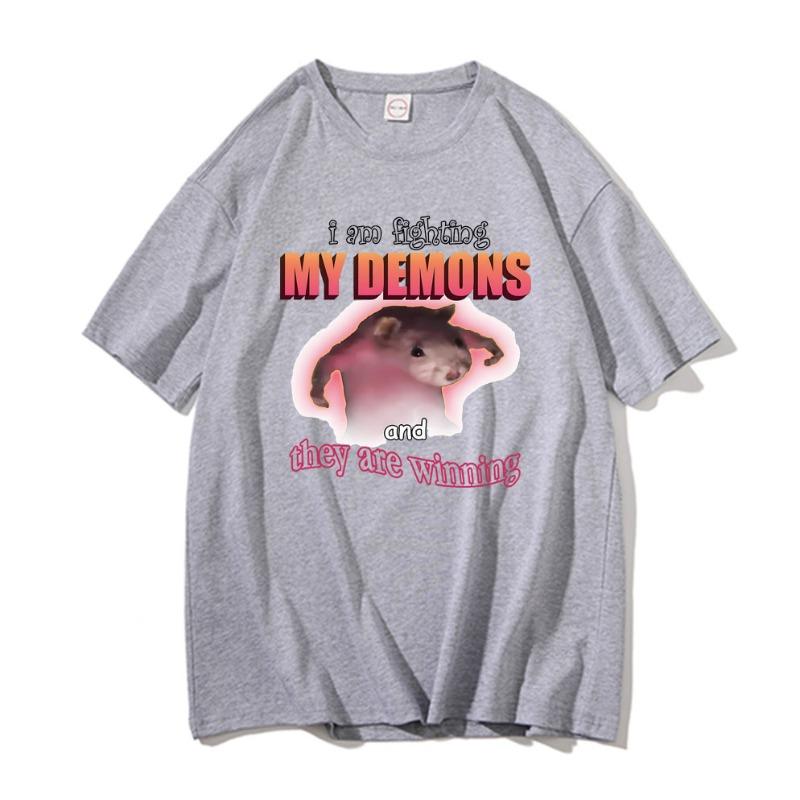 

Funny I Am Fighting My Demons and They Are Winning T Shirts Women Casual Loose Tshirt Cute Kawaii Mouse Meme Graphic Tshirt Y2K 3XL