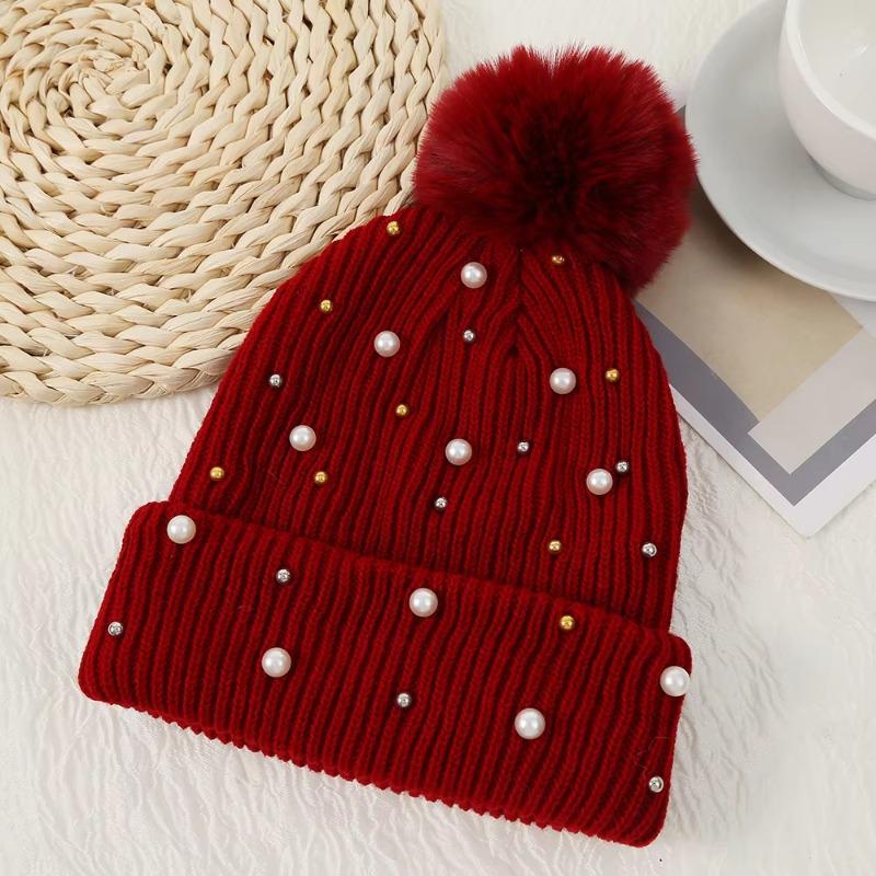 Fashion Winter Pearls Rhinestone Beading Rivet Knitted Mao Line Hat Women Thickened for Keep Warmth Fluffy Fur Ball Ear Protection Knitted Hat