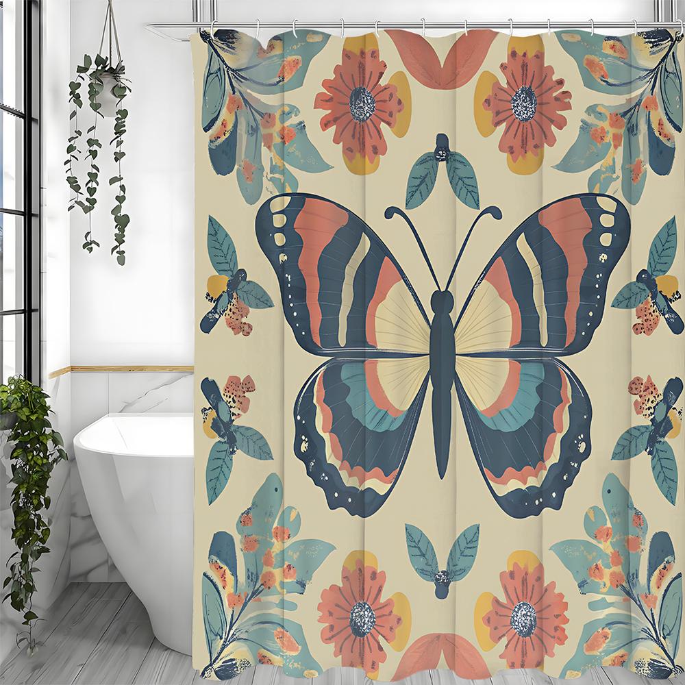 Butterfly Flower Shower Curtain, Bathroom Decorative Shower Curtain, Waterproof Shower Curtain with Hooks